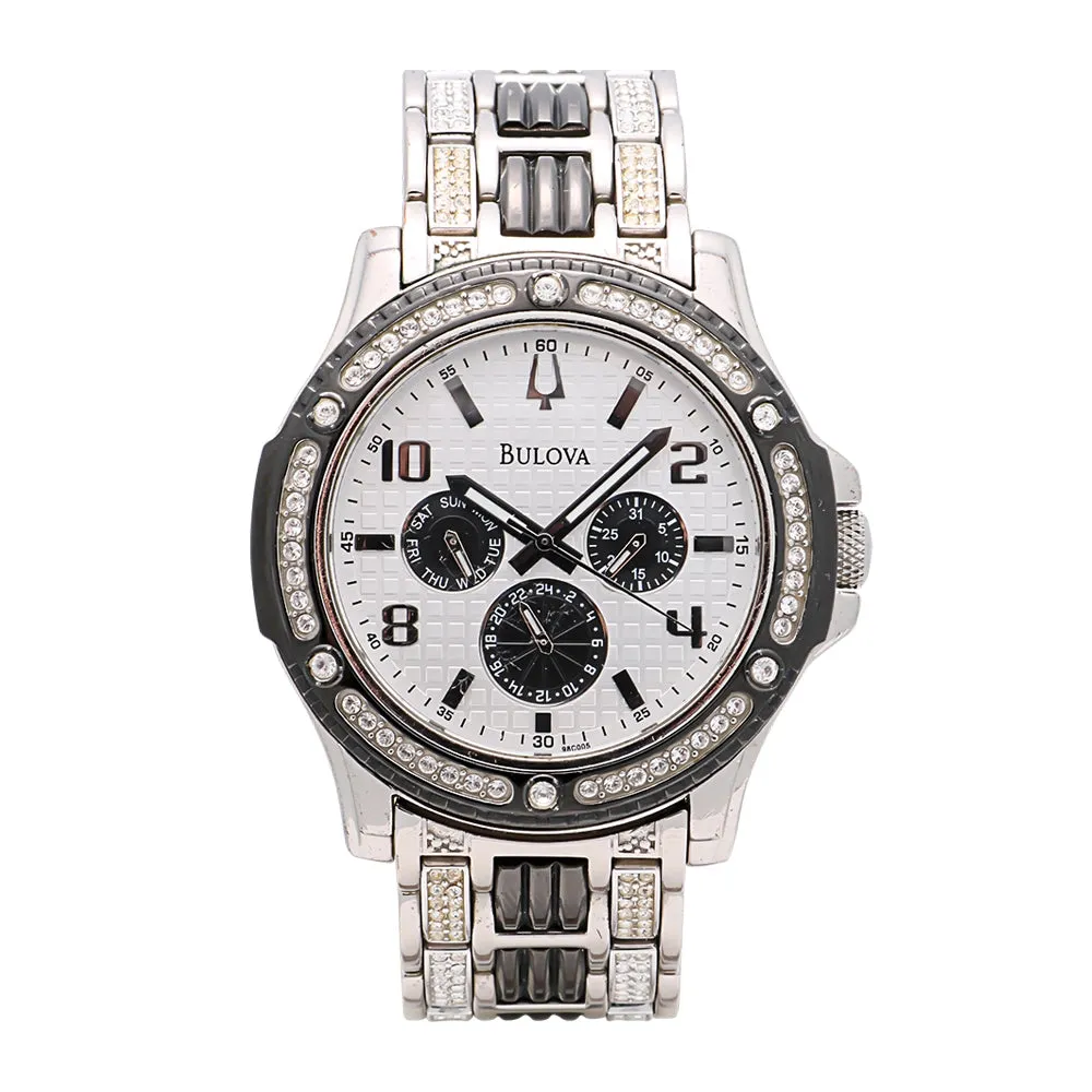 Bulova Black and Silver-Tone Watch Silver Dial Crystals 44mm Quartz (Preowned)