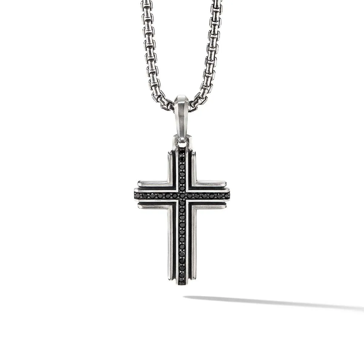 Deco Cross Pendant in Sterling Silver with Pave Black Diamonds